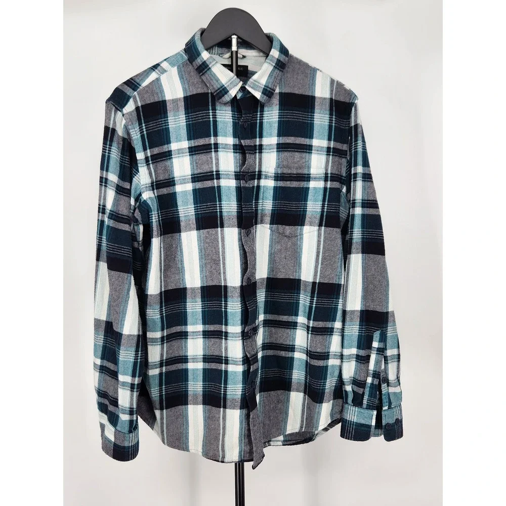 Banana Republic Mens Standard Fit Plaid Flannel Shirt Blue Black White Large